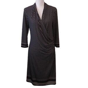 Max Studio Black & White Polka-Dot‎ Surplice Ruched Waist Midi Dress Size L